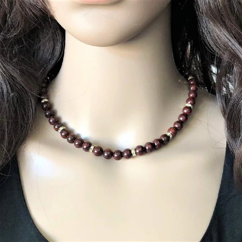 tribal style necklace for men -Poppy Jasper and Crystal Beaded Necklace