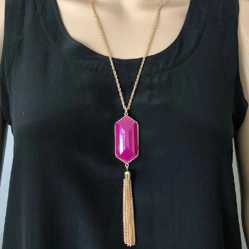 heart shaped necklace for girls -Purple Resin Stone and Gold Tassel Long Necklace