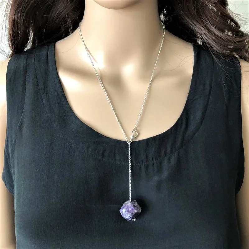 personalized name necklace -Raw Amethyst Stone Lariat Necklace