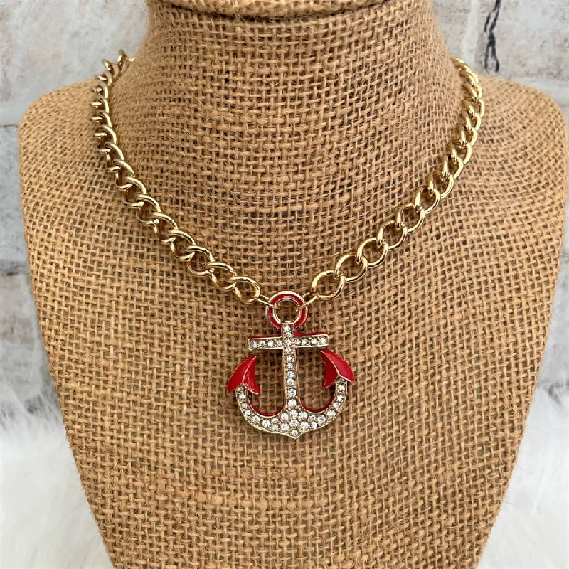 oval pendant necklace for women -Red Anchor Nautical Necklace