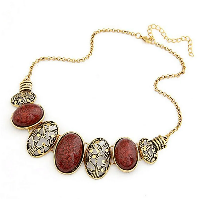 layered necklace set for women -Red and Gold Oval Link Collar Necklace