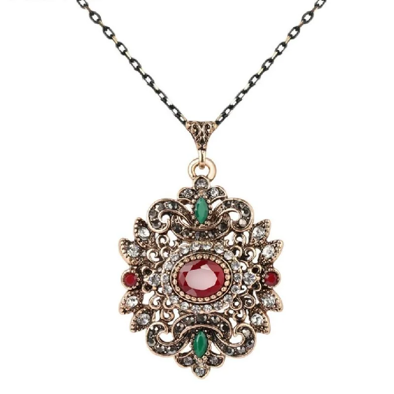 engraved name necklace for gifts -Red and Green Stone Ornate Gold Pendant Necklace