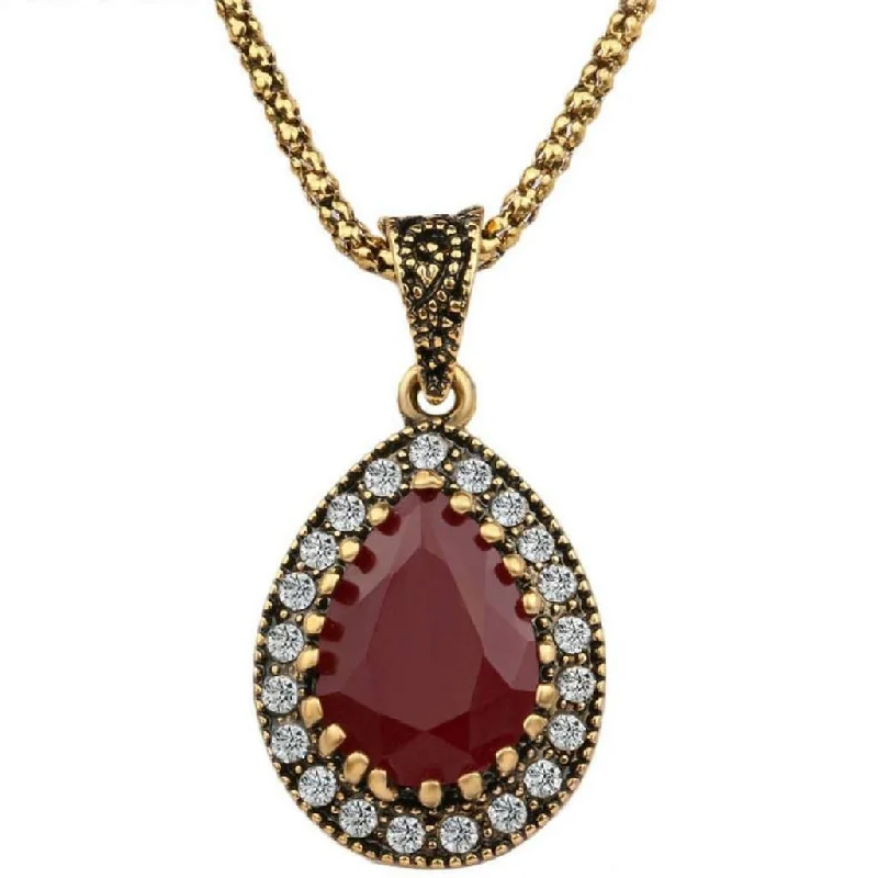 heart shaped necklace for girls -Red Antique Gold Teardrop Pendant Necklace