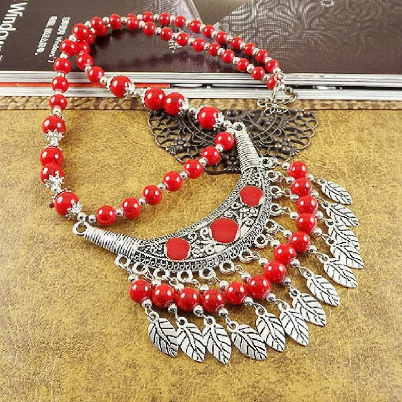 multi-layer necklace for women -Red Beaded Boho and Silver Leaf Necklace