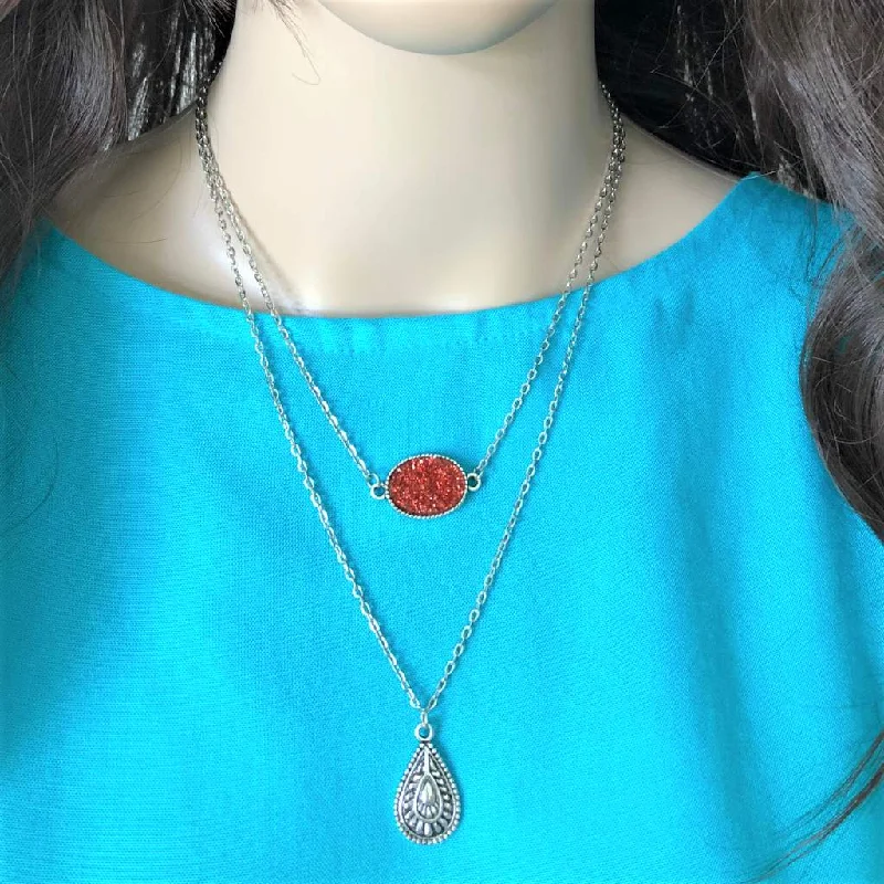 double chain necklace for men -Red Druzy and Silver Charm Layered Necklace