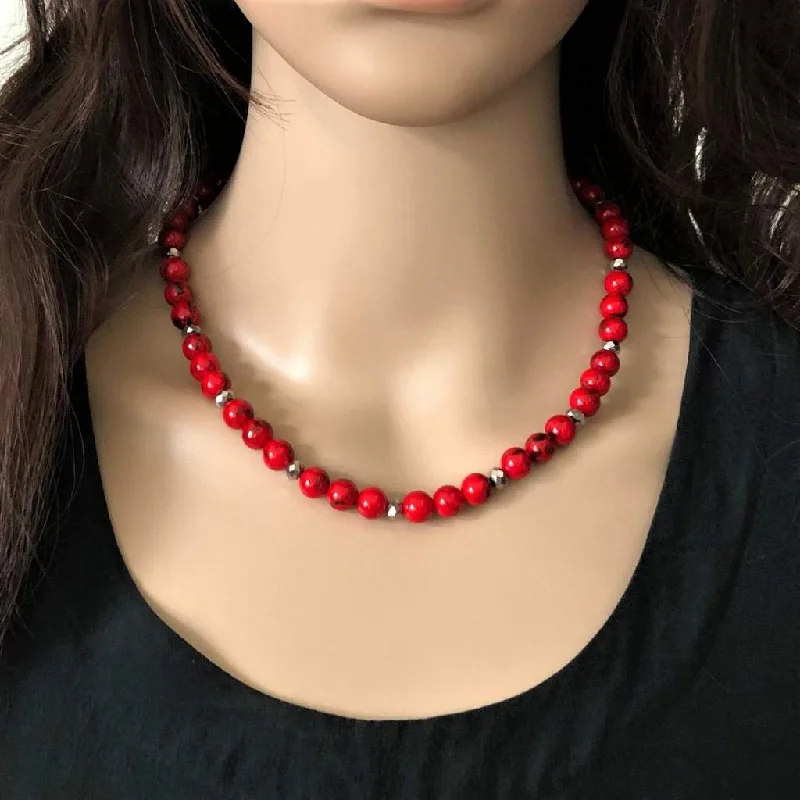 delicate gold necklace for daily wear -Red Mosaic Howlite Shell Beaded Necklace