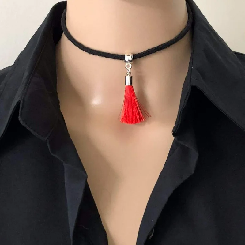 chunky silver necklace for men -Red Tassel Choker with Black Cord