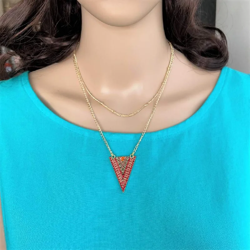 birthstone necklace for birthday gifts -Red Triangle Gold Layered Necklace