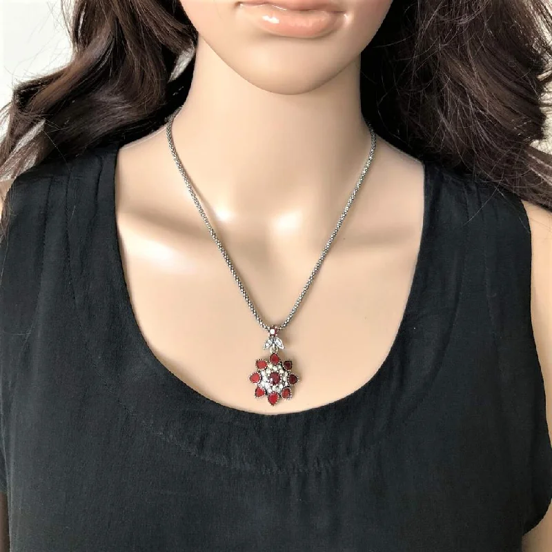 rose gold necklace for bridesmaids -Red Antique Silver Flower Pendant Necklace