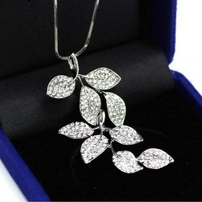 rose gold necklace for bridesmaids -Rhinestone Crystal Leaf Long Necklace