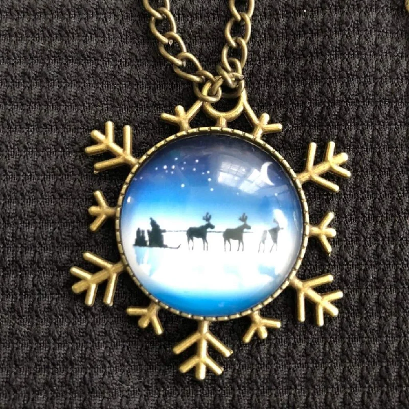 vintage gold necklace for women -Santa's Sleigh Christmas Snowflake Pendant Necklace