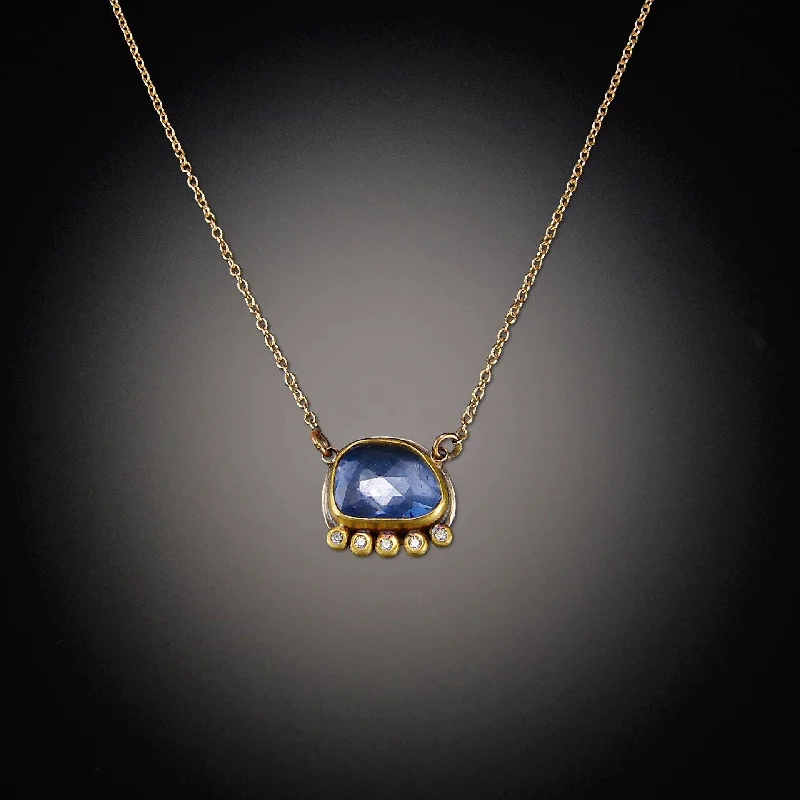 initial necklace for women -Rosecut Sapphire Necklace with Diamond Line