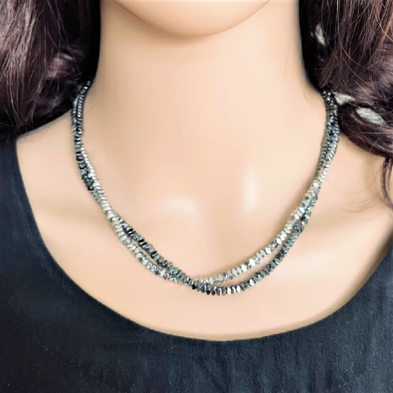 fashion statement necklace -Silver and Black Hematite Faceted Beaded Layered Necklace