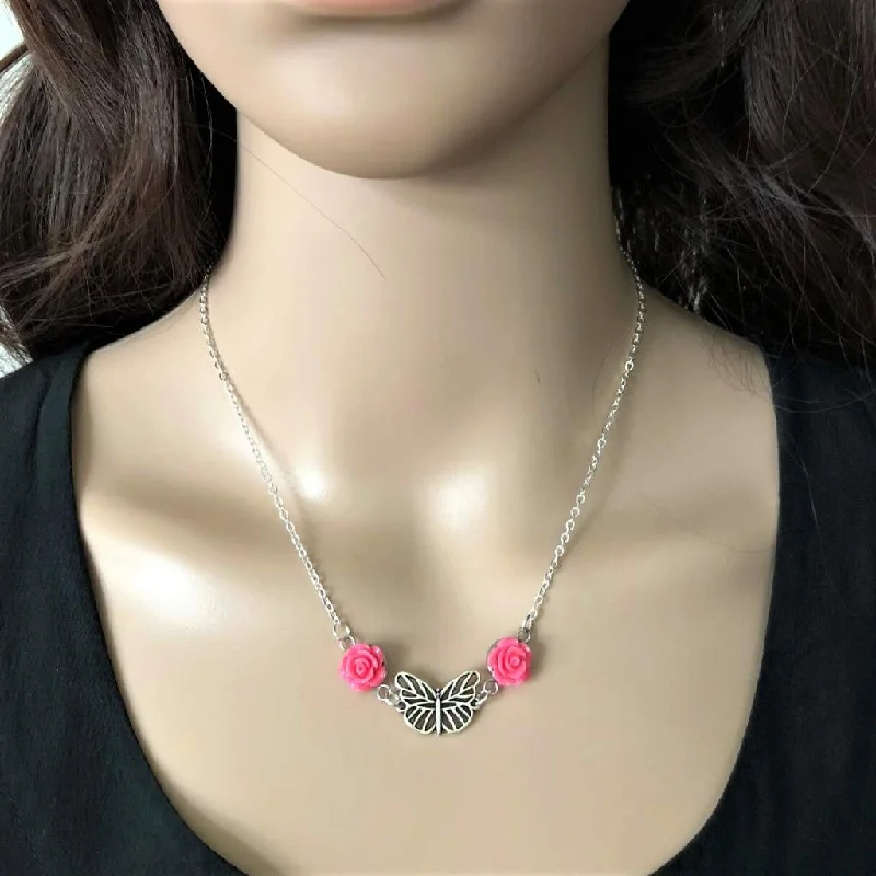 gold necklace for women -Silver Butterfly Necklace With Pink Roses