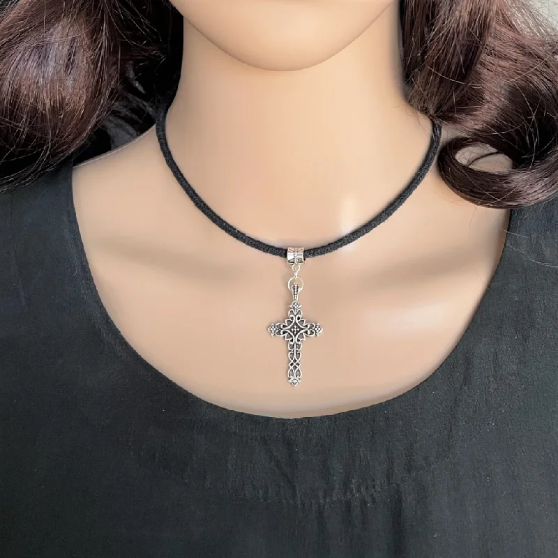 vintage silver necklace for men -Silver Cross Black Choker