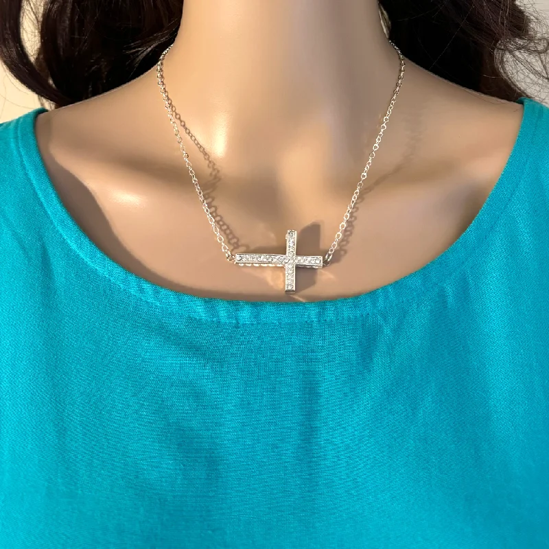 vintage-inspired necklace for women -Silver Crystal Horizontal Cross Necklace