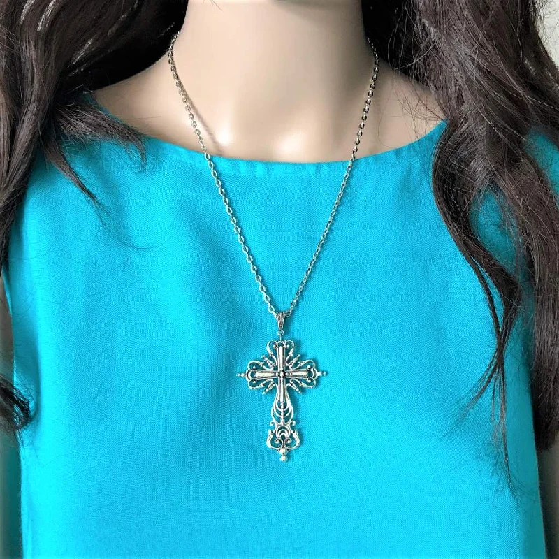 vintage-inspired necklace for women -Silver Fancy Large Cross Necklace