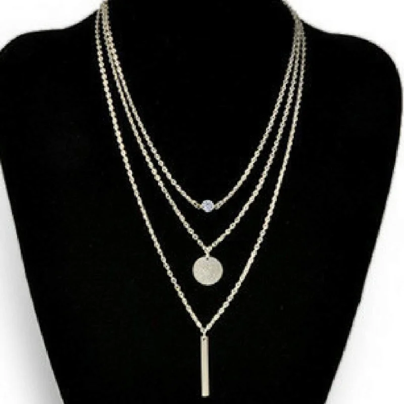 boho style necklace for summer -Silver Layered Bar, Disc, and Crystal Necklace