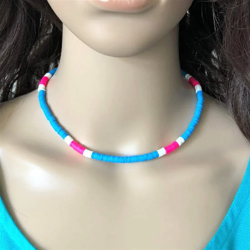 long necklace for layering -Sky Blue Pink and White Polymer Beaded Necklace