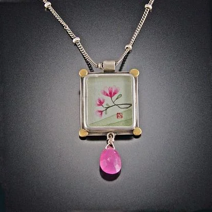 simple chain necklace for women -Small Rectangle Magnolia Necklace with Pink Sapphire Drop