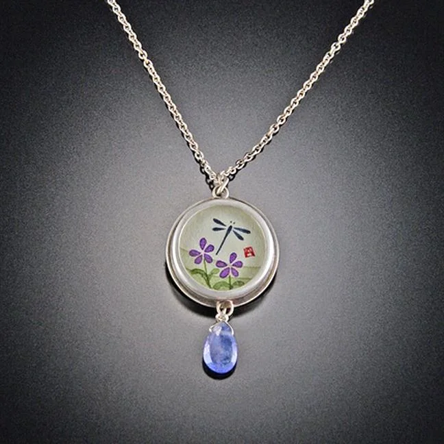 religious cross necklace for men -Small Round Dragonfly Necklace with Tanzanite Drop