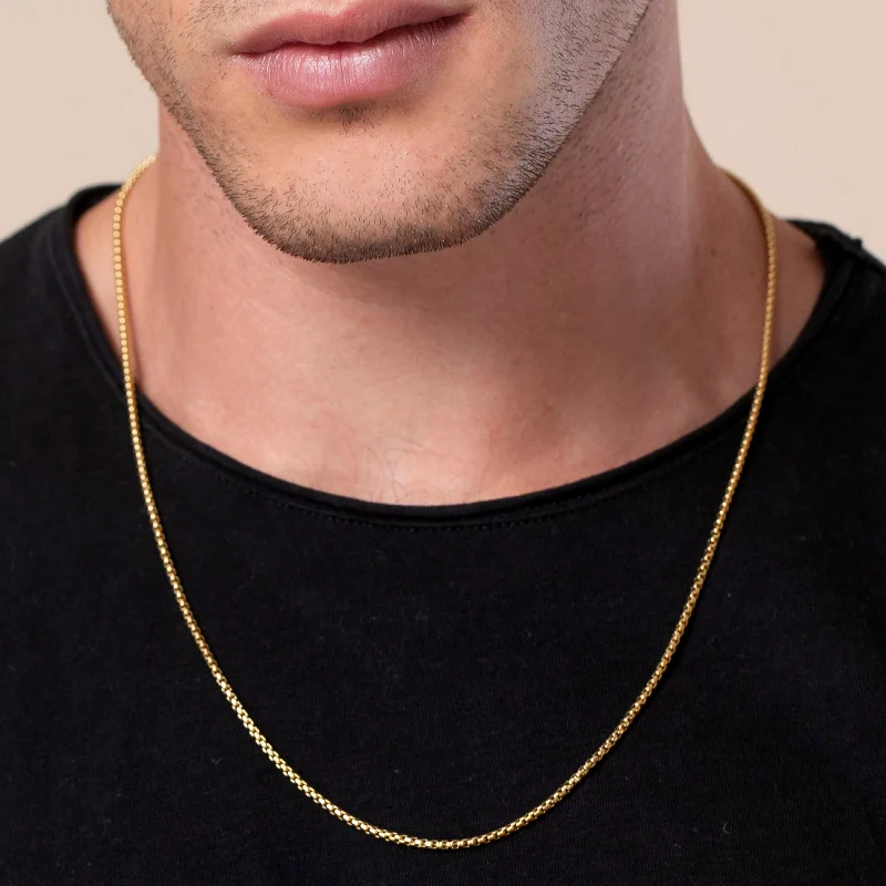 simple gold necklace for men -Square Box Gold Chain - 2.5mm