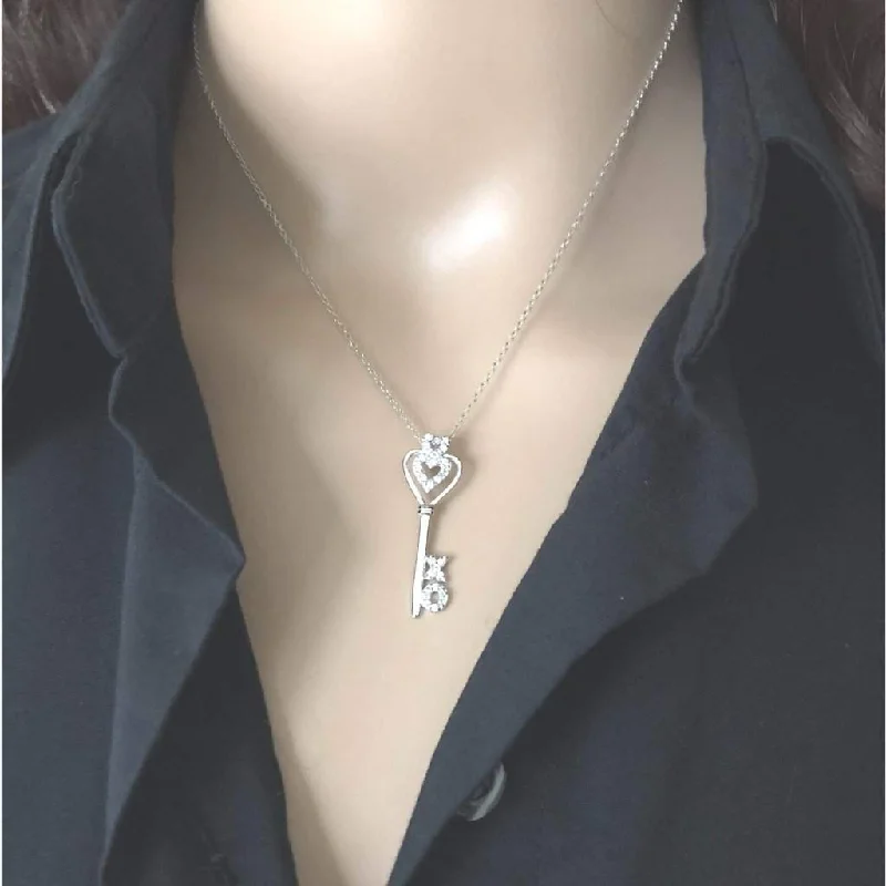 long necklace for layering -Sterling Silver and CZ Key Pendant with Hearts and XO