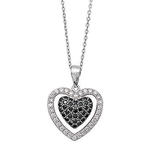 gemstone necklace for women -Sterling Silver CZ Black and Clear Heart Necklace