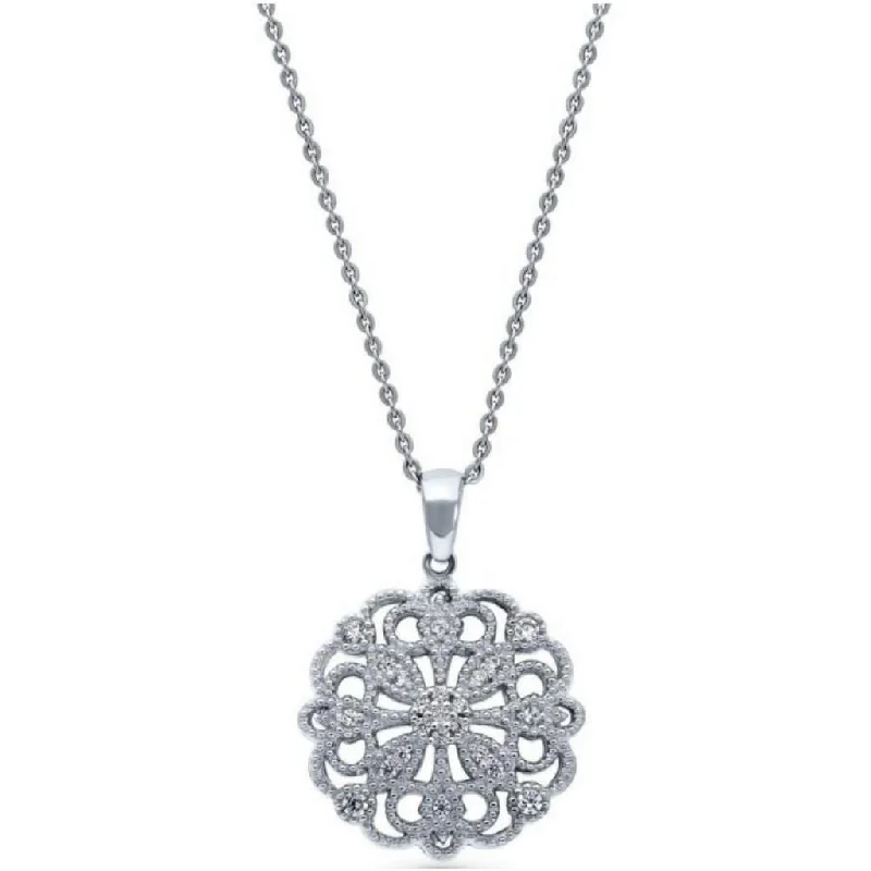 pearl necklace for brides -Sterling Silver CZ Flower Filigree Pendant