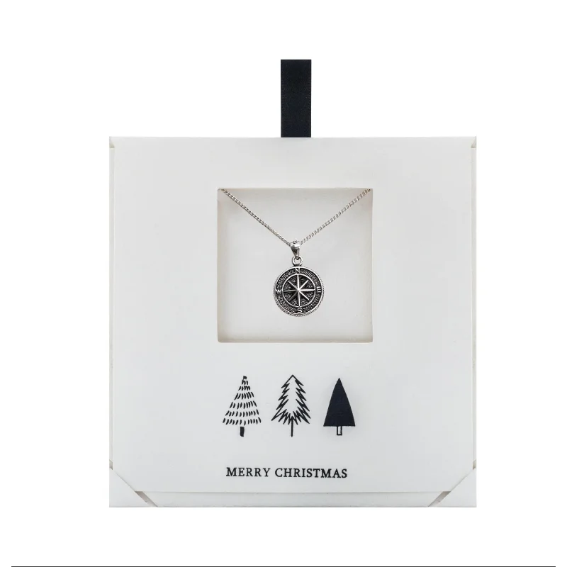 layered necklace set for women -Sterling Silver Oxidized Compass Pendant Necklace On Holiday Card