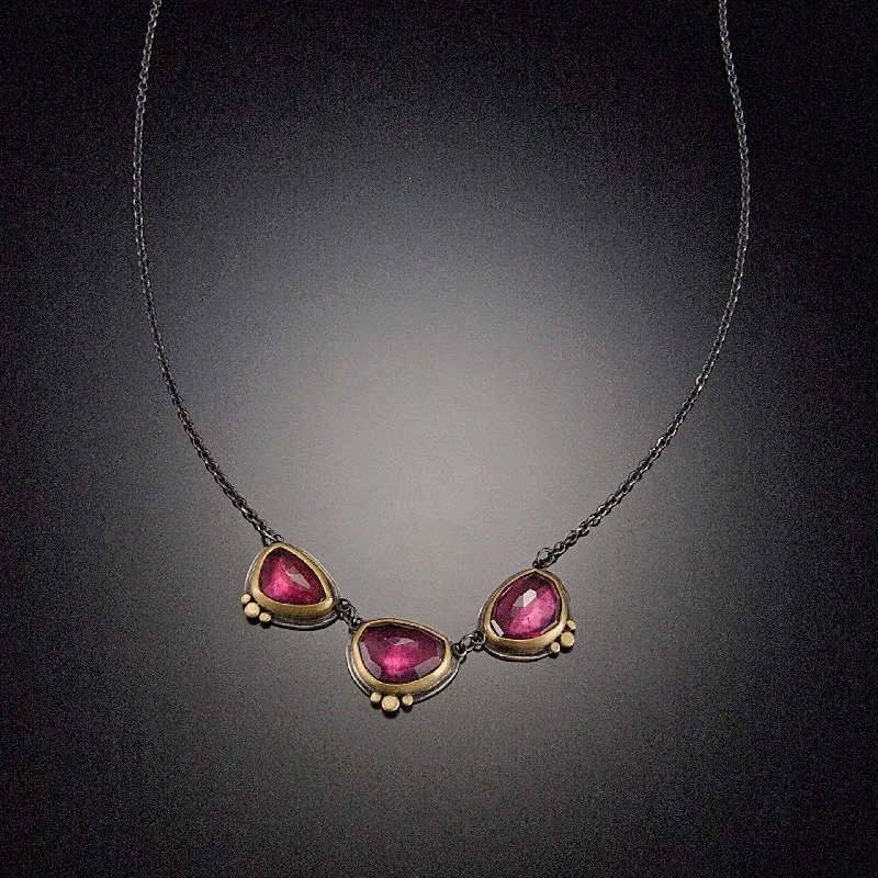 simple silver necklace for men -Three Garnet Necklace with Gold Dots