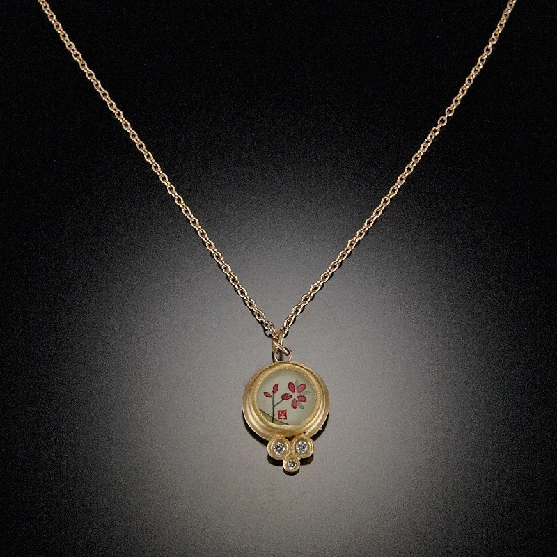 cute charm necklace for kids -Tiny Gold Plum Blossom Necklace with Diamond Trio