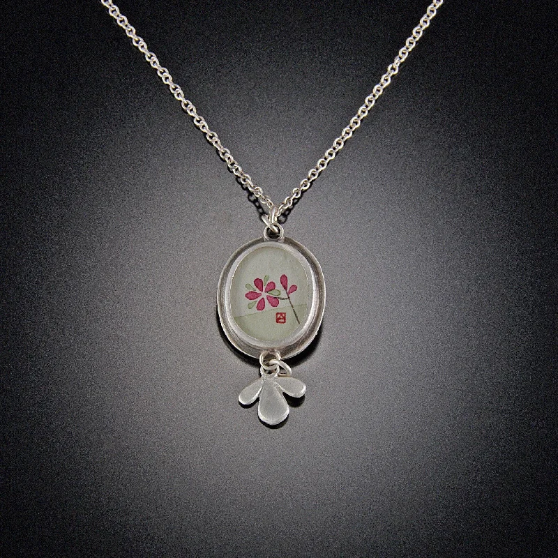 birthstone pendant necklace for mothers -Tiny Oval Plum Blossom Necklace with Leaf Trio