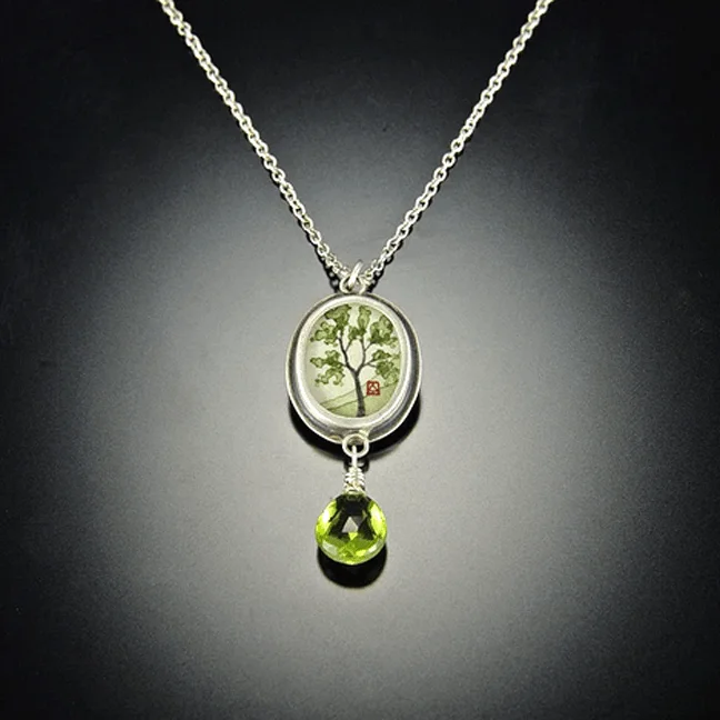 luxury necklace for special occasions -Tiny Oval Spring Maple Necklace with Peridot Drop