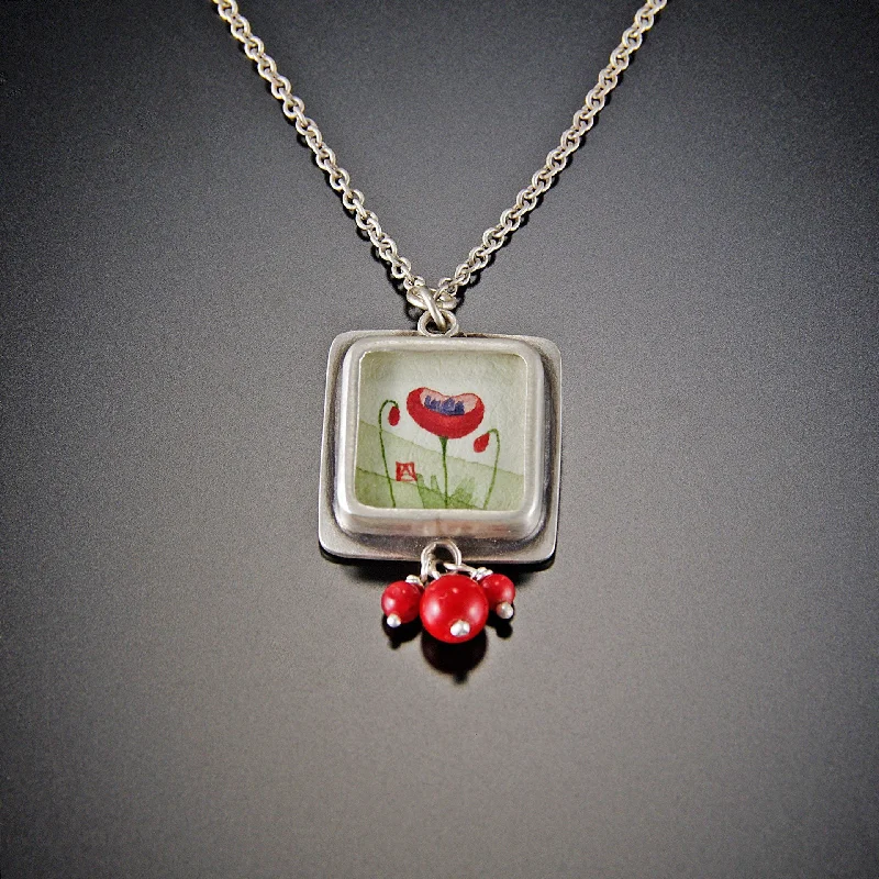 long necklace for layering -Tiny Square Poppy Necklace with Coral