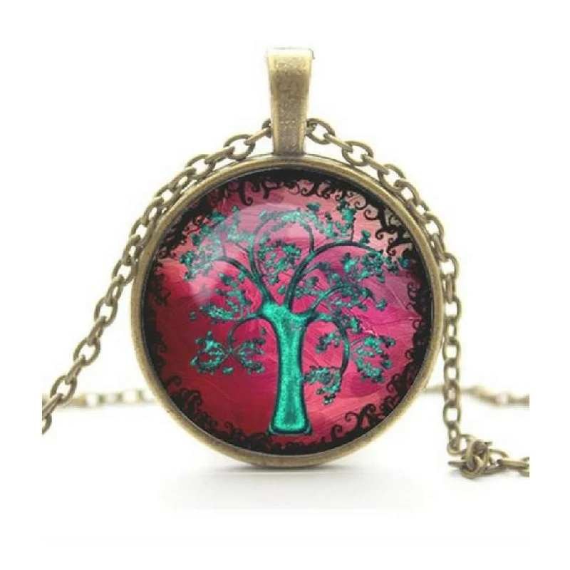 birthstone pendant necklace for mothers -Tree Of Life Cabochon Pendant Necklace