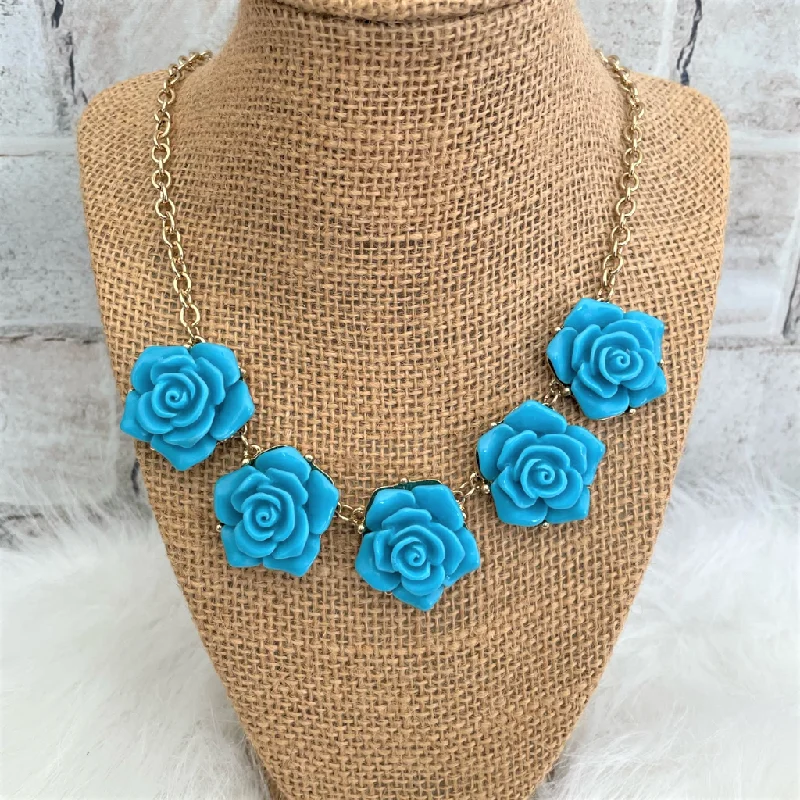 boho style necklace for summer -Turquoise Rose Flower Statement Necklace