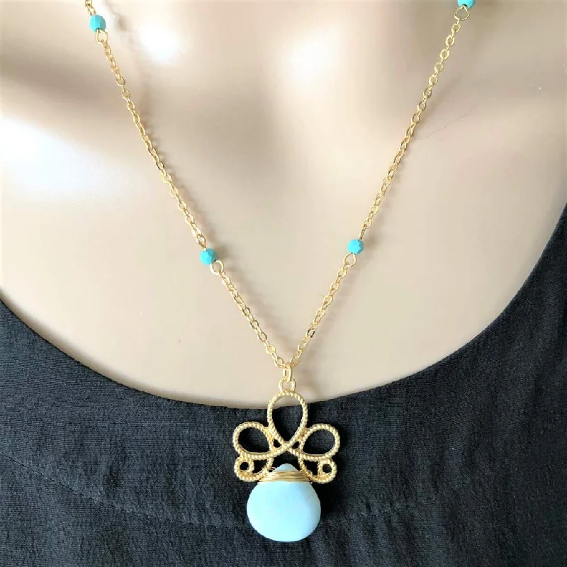 cute necklace for teenage girls -Turquoise Stone Flower Pendant Necklace