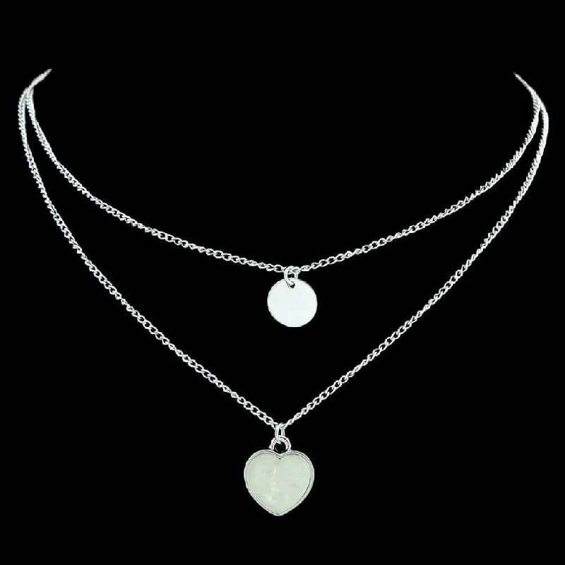 crystal pendant necklace -Two Layered Heart and Disc Silver Necklaces