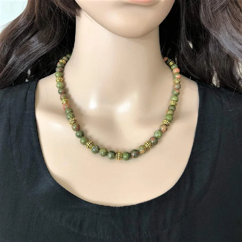 two-tone necklace for women -Unakite Green and Pink Beaded Necklace