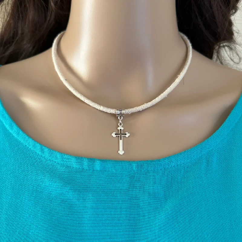 double chain necklace for men -White Cord Silver Cut Out Cross Choker