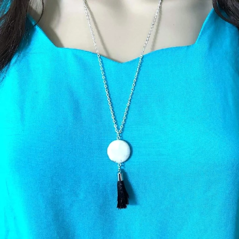 fashion statement necklace -White Jasper Stone and Black Tassel Long Necklace