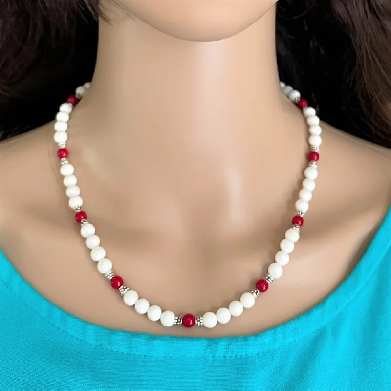 simple necklace for special occasions -White Shell and Red Coral Beaded Necklace