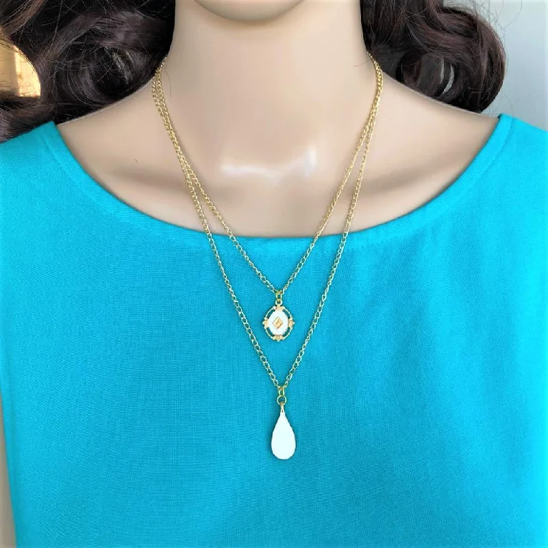 luxury pearl necklace for brides -White Teardrop Layered Gold Chain Necklace