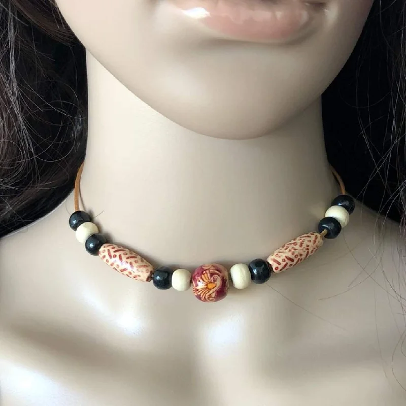 snake chain necklace for men -Wood Black, Beige, and Magenta Beaded Choker