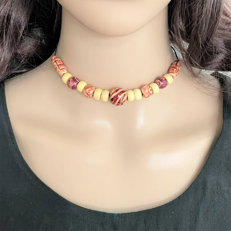 18k gold necklace for men -Wood Plum and Beige Beaded Choker