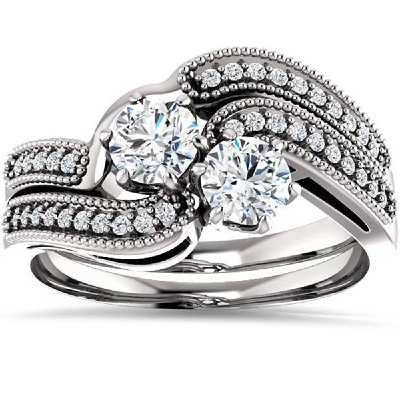 Silver rings for men with engraving-1.00CT Two Stone Diamond Forever Us Engagement Ring Set 10K White Gold