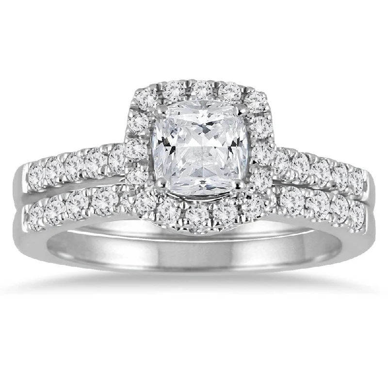 Personalized rings with engraved names-1 1/2 Carat Cushion Cut Diamond Halo Bridal Set in 14K White Gold