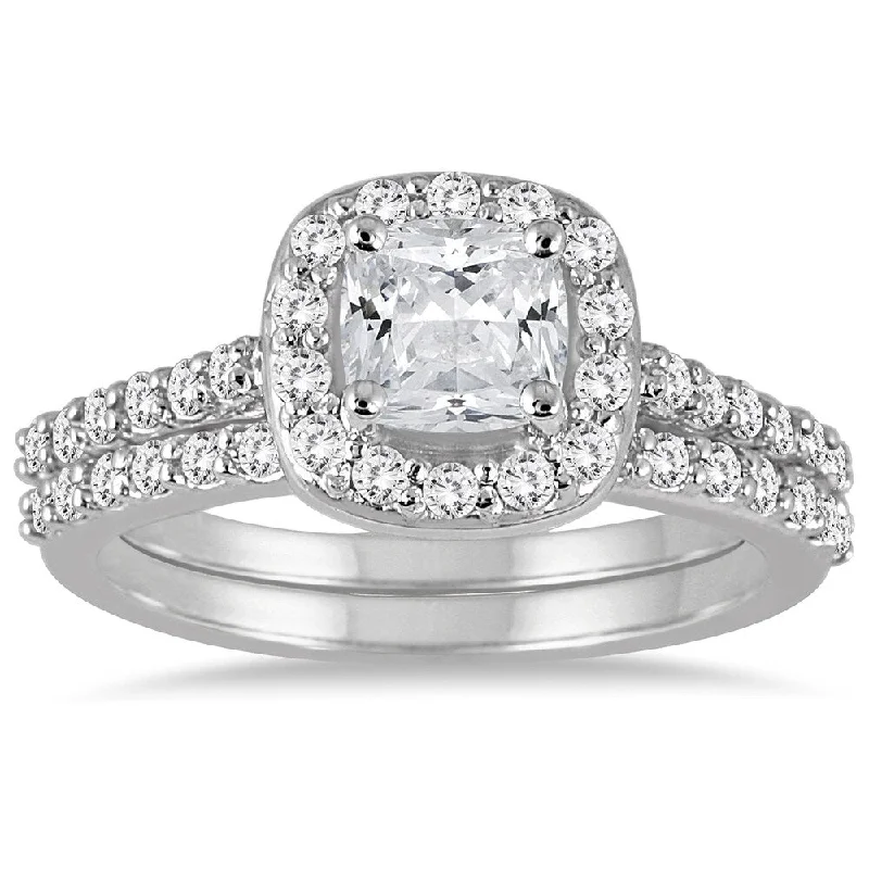 Designer wedding rings for couples-1 1/2 Carat Cushion Cut Diamond Halo Bridal Set in 14K White Gold