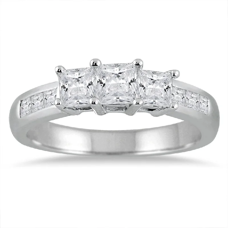 Silver engagement rings for her-1 1/2 Carat TW Princess Cut Diamond Three Stone Ring in 14K White Gold